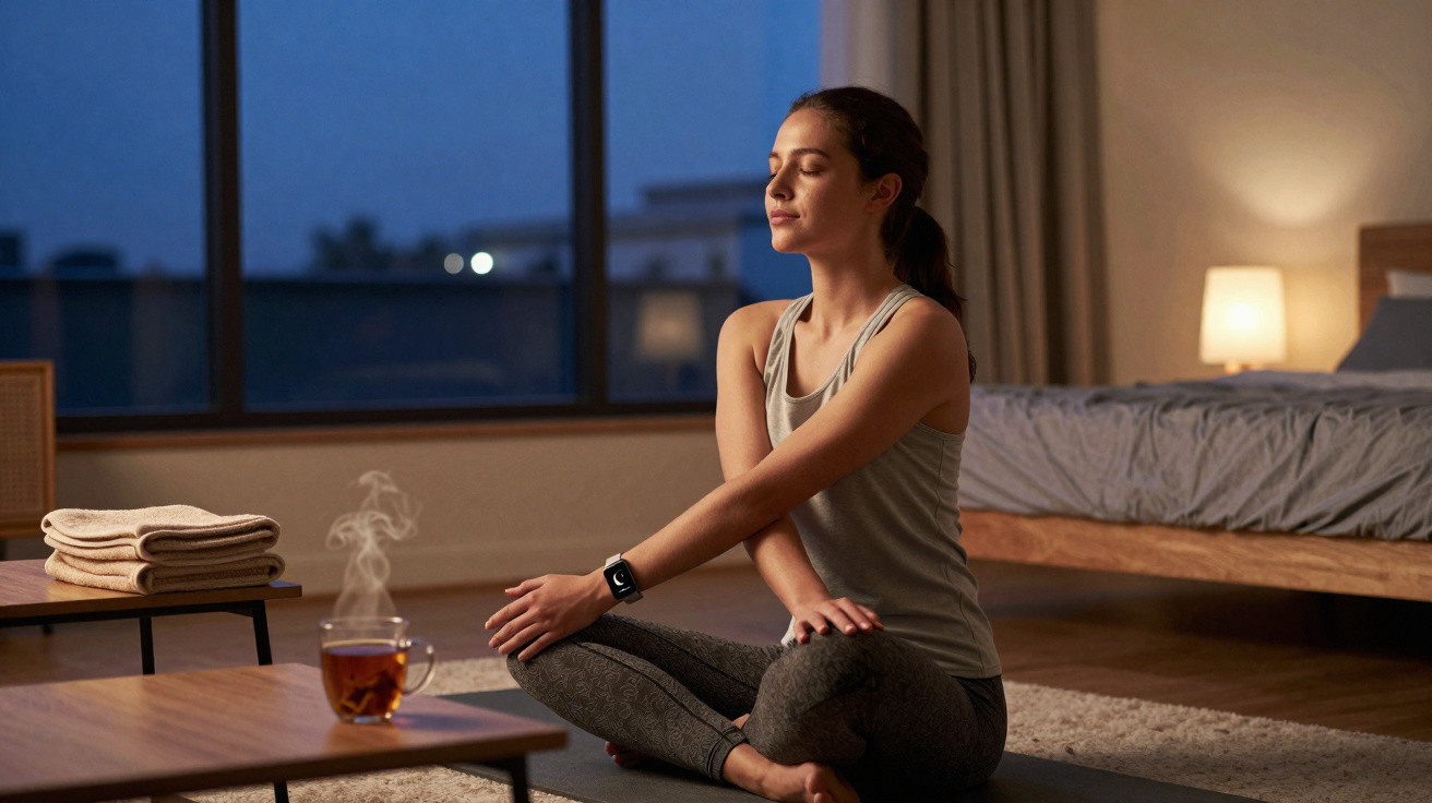 Mulher jovem meditando sentada de pernas cruzadas no tapete da sala, com chá quente na mesa à frente.