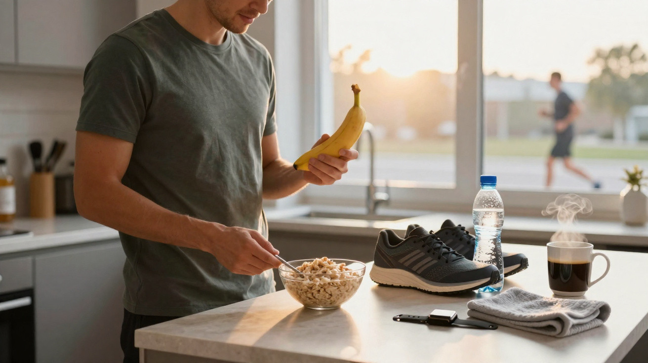 Homem a preparar pequeno-almoço saudável com banana e cereais numa cozinha iluminada pela manhã.