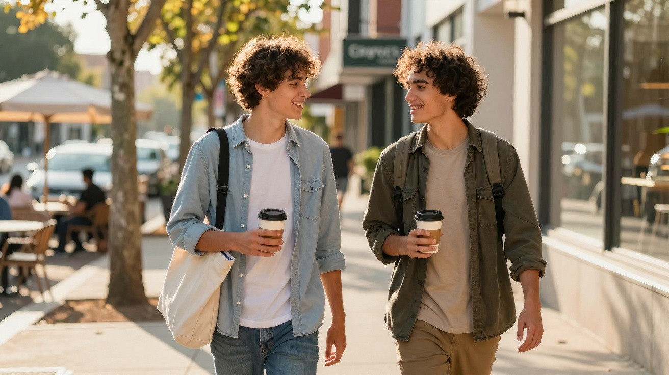 Dois jovens com cabelos encaracolados caminham numa calçada urbana a beber café para viagem.