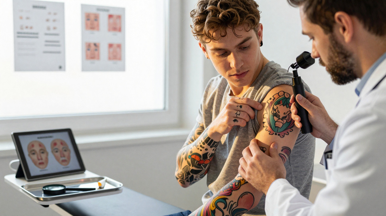 Homem com tatuagens a ser examinado no braço por médico dermatologista com dermatoscópio numa clínica.