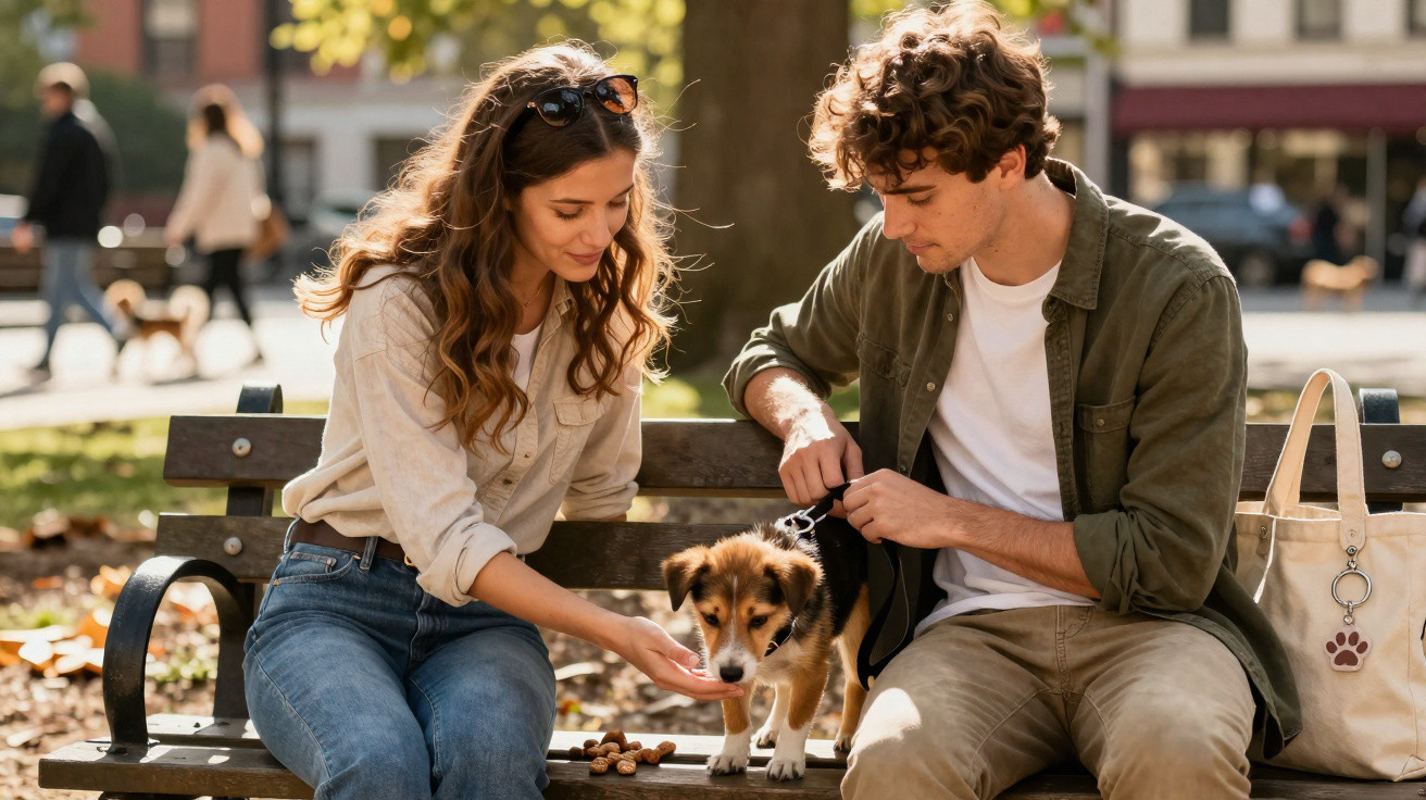 Casal jovem sentado num banco de parque a dar carinho a um cachorro pequeno durante o dia.