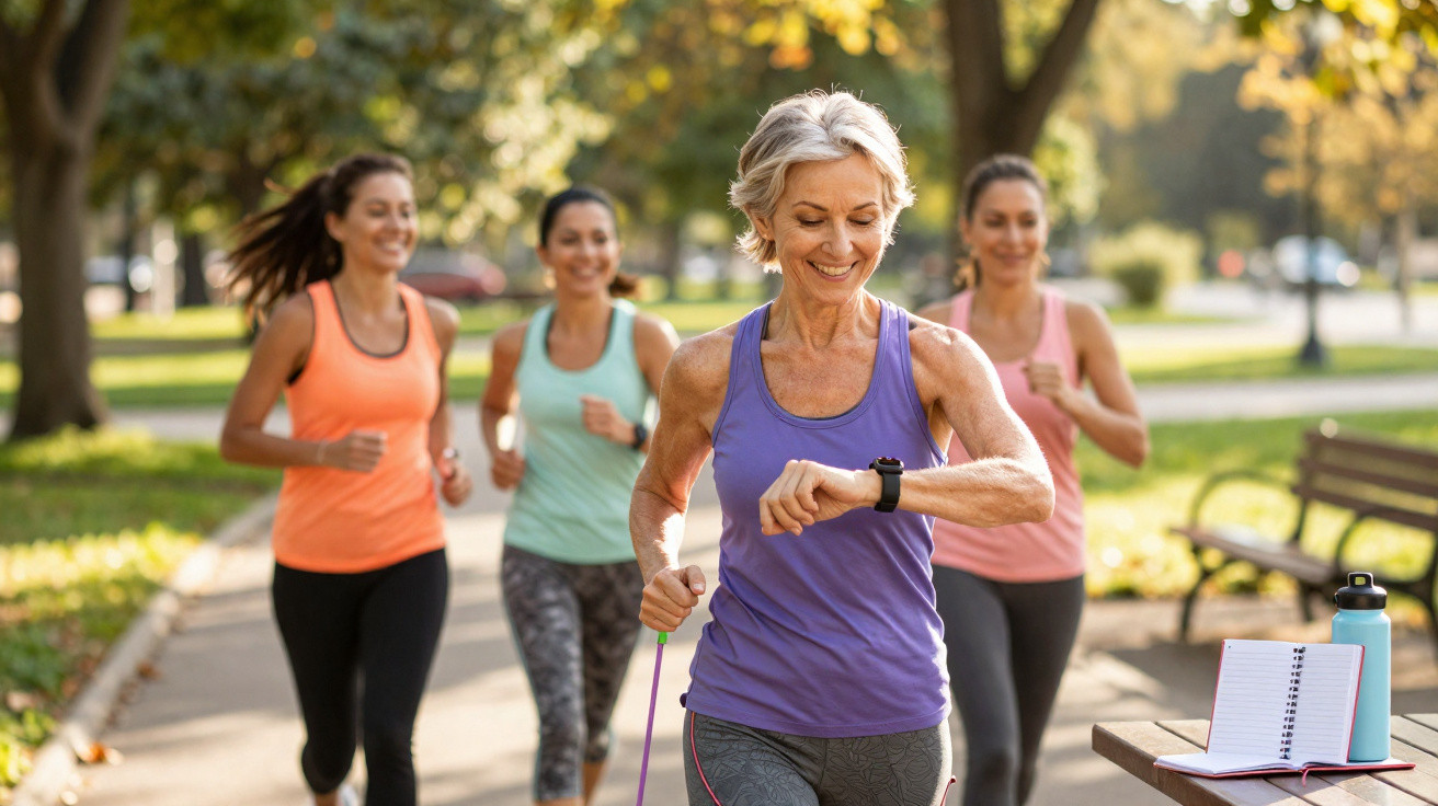 Quatro mulheres a correr e sorrir num parque, com árvores ao fundo e uma mesa com caderno e garrafa.