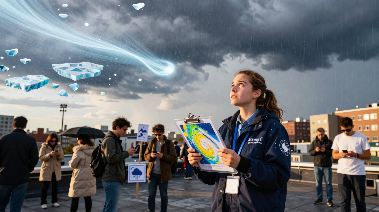 Jovem com prancheta observa cometa no céu tempestuoso enquanto várias pessoas usam telemóveis numa cobertura.