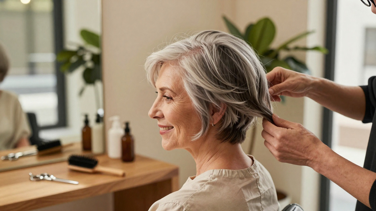 Mulher mais velha com cabelo grisalho sendo penteada num cabeleireiro, com espelho e produtos ao fundo.