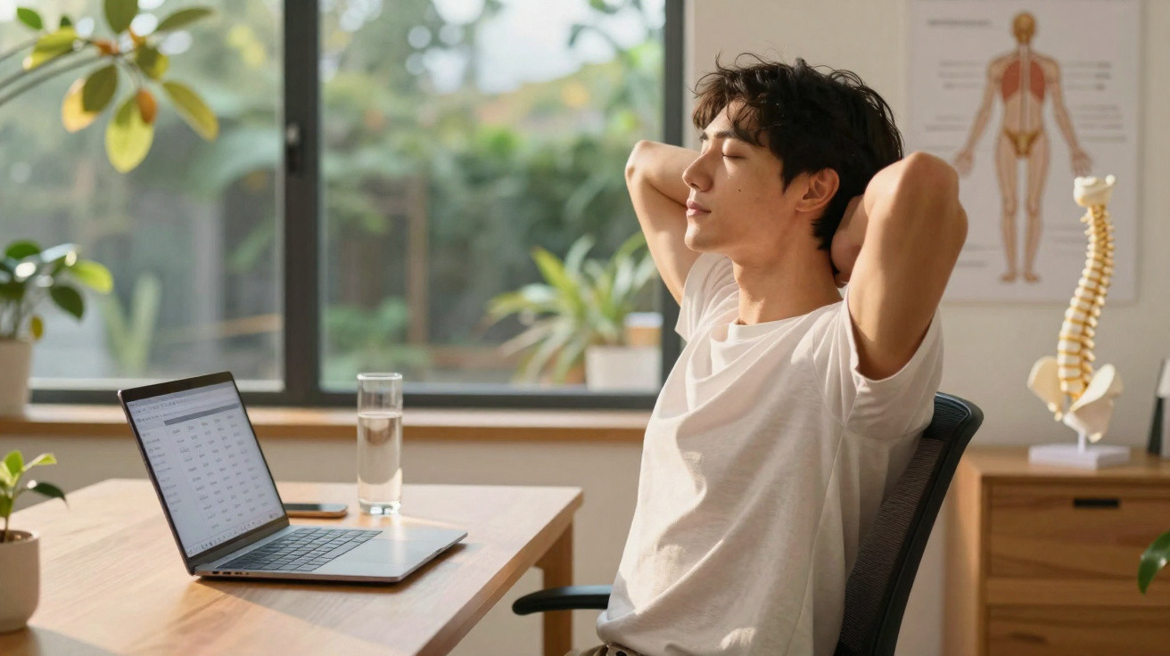 Homem relaxa sentado numa cadeira junto a uma mesa com portátil, copo de água e plantas numa sala iluminada.