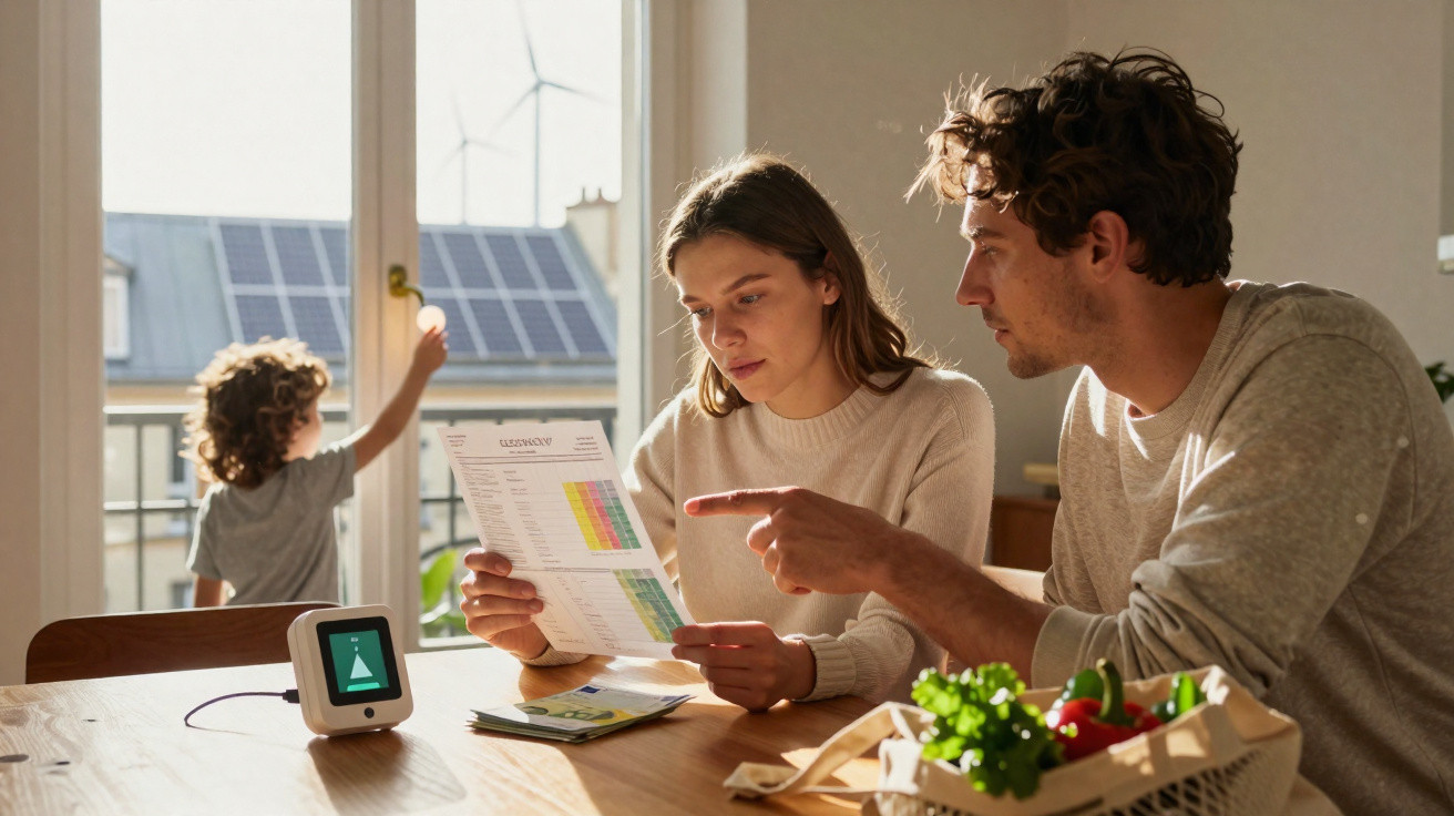 Casal analisa faturas de energia com criança perto de janela com painéis solares e turbinas eólicas ao fundo.