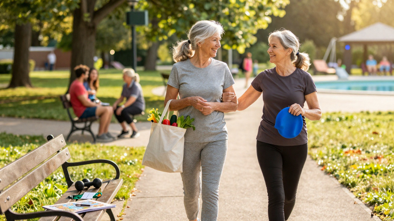 Duas mulheres idosas a caminhar alegremente num parque, uma segurando uma saco com legumes e outra uma pala azul.