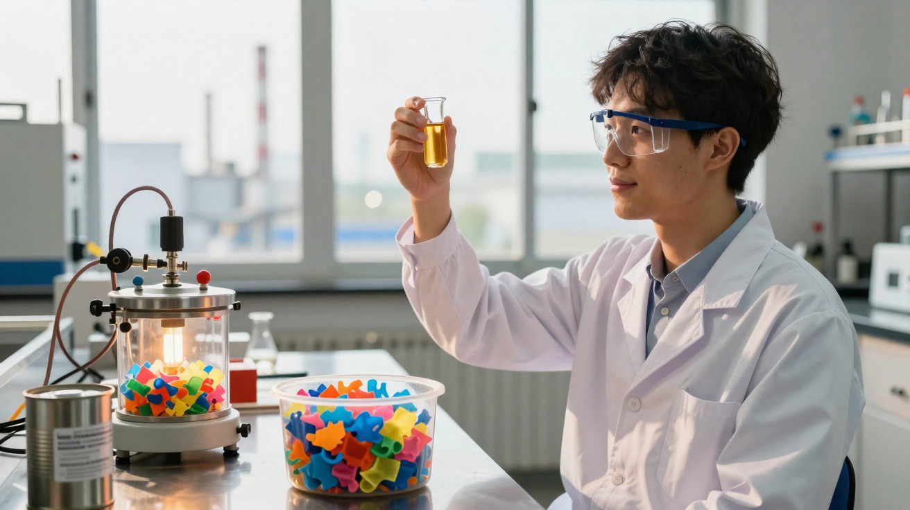 Cientista com bata branca e óculos de proteção analisa líquido amarelo numa proveta, rodeado de material colorido.