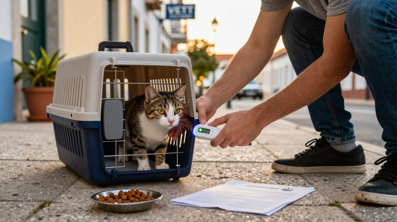 Gato dentro de transportadora enquanto pessoa verifica microchip na rua com prato de ração e documentos.