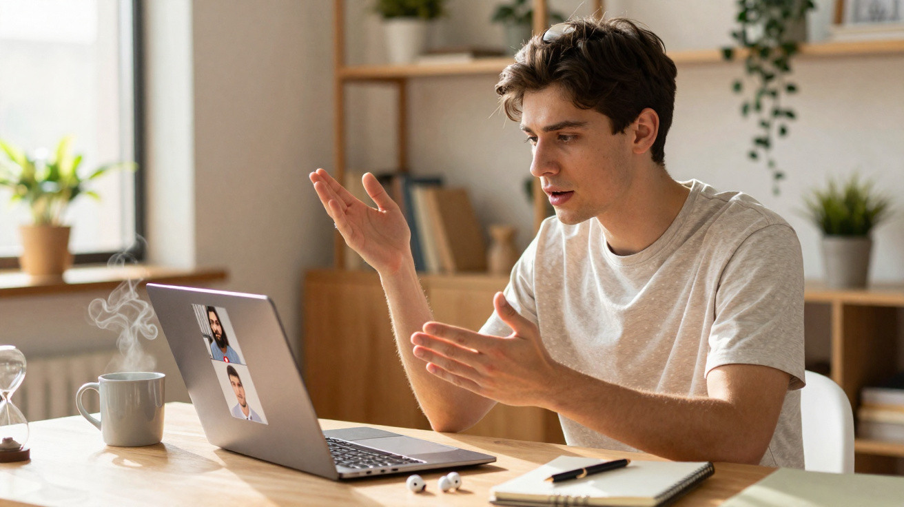 Jovem em videochamada em laptop, gesticulando e parecendo preocupado numa mesa com caderno e chá quente.