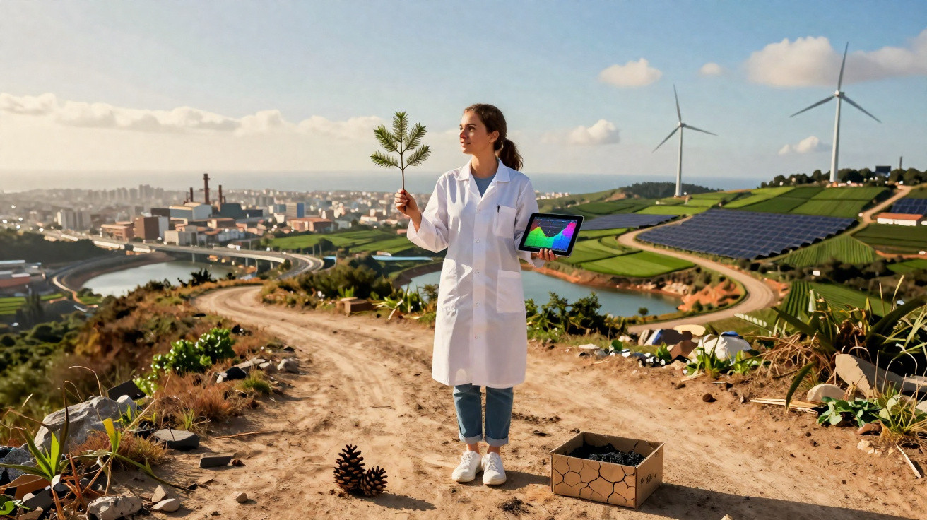 Mulher com bata branca segura um ramo e tablet, rodeada de painéis solares, turbinas e paisagem rural sustentável.