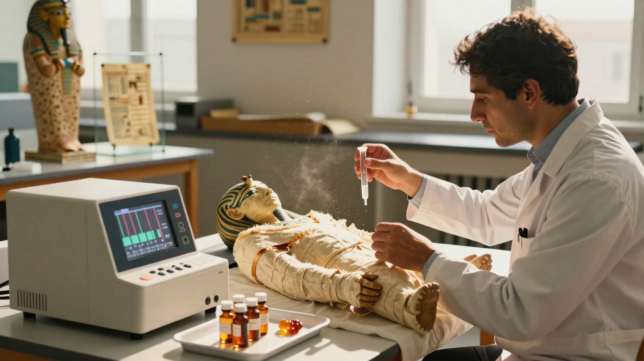 Homem em bata branca analisa múmia egípcia em laboratório com equipamentos e frascos ao redor.