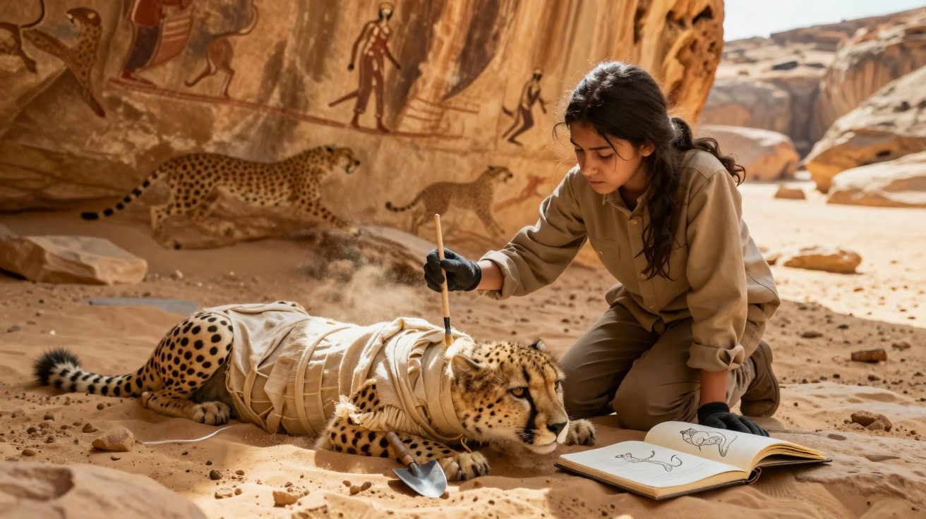 Jovem em traje de exploradora estuda e cuida de guepardo amarrado em deserto com pinturas rupestres.