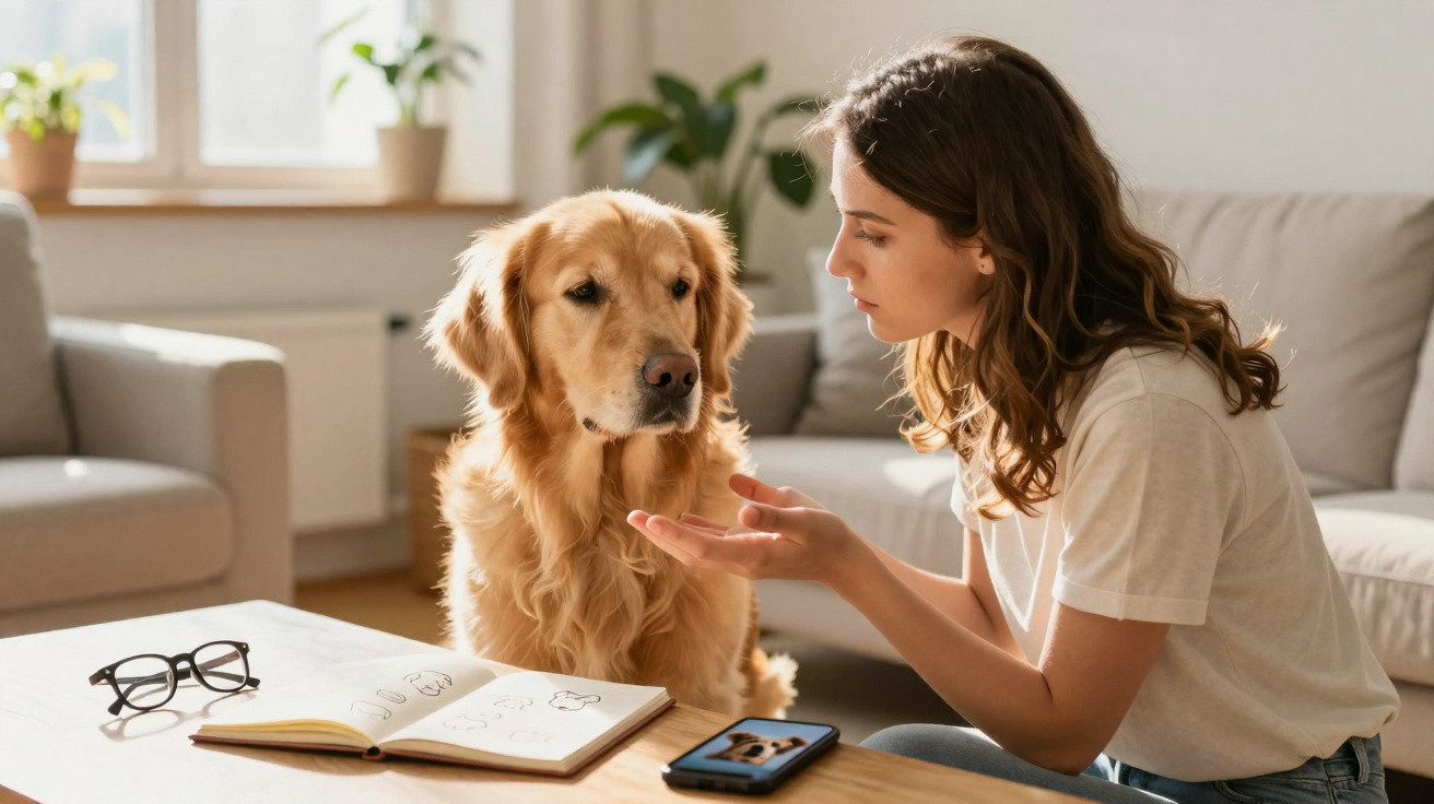 Mulher ensina comando a cão golden retriever numa sala com luz natural e móveis modernos.