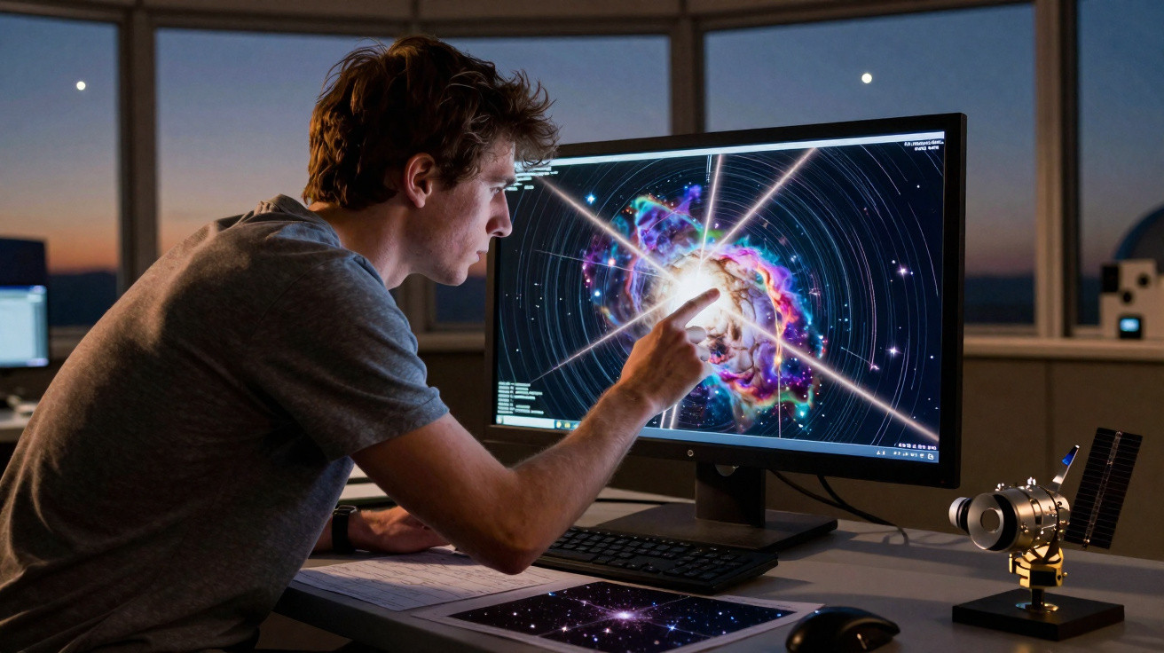 Homem jovem sentado e a analisar imagem de uma galáxia colorida num ecrã de computador à noite.