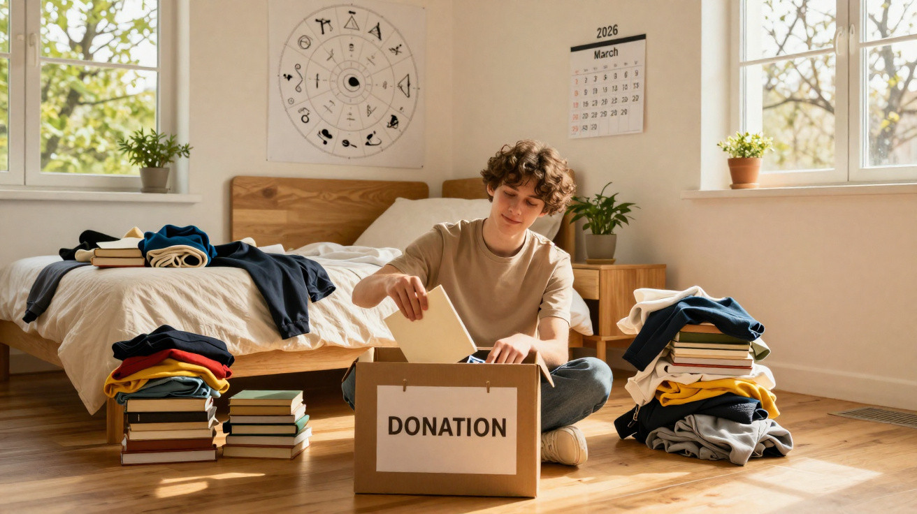 Jovem sentado no chão de quarto a colocar roupa numa caixa para doação com pilhas de livros e roupa ao lado.