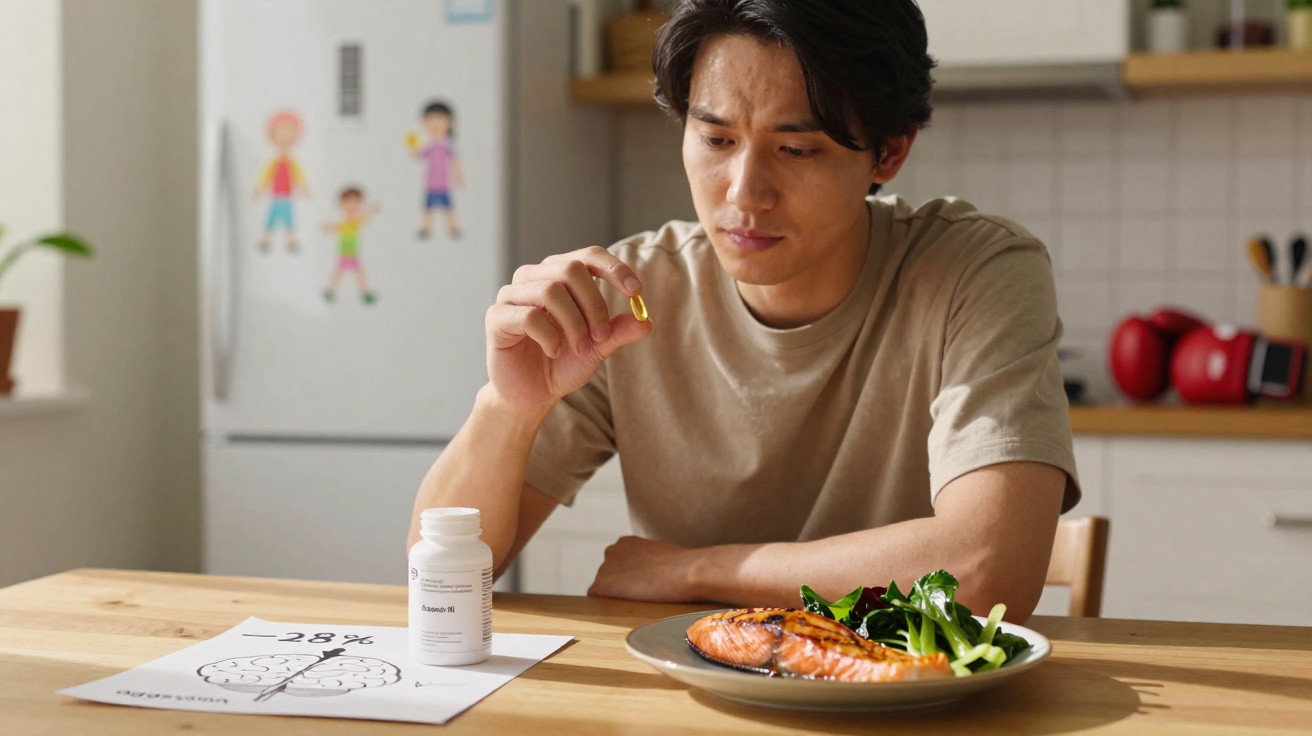 Homem sentado à mesa na cozinha segurando cápsula, com prato de salmão e salada, e gráfico de cérebro ao lado.