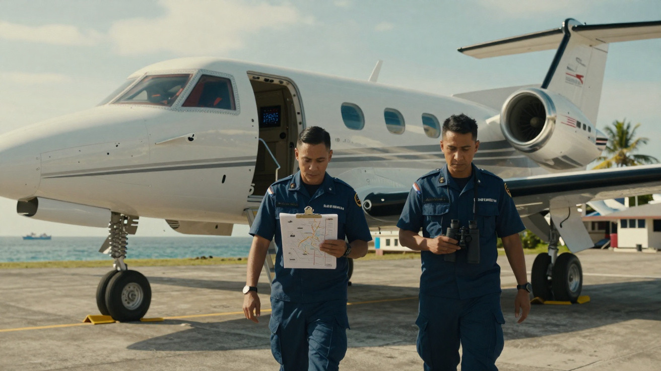 Dois homens em uniforme azul caminham junto a um jato privado num aeroporto à beira-mar.