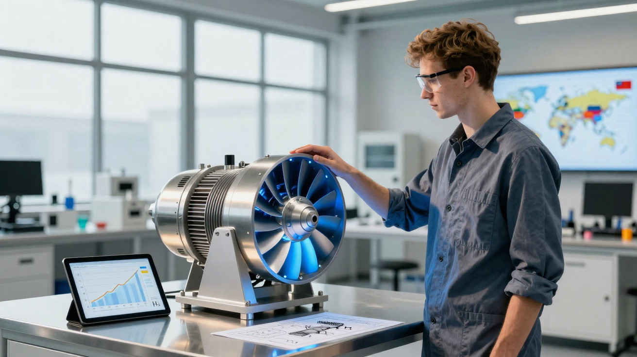 Jovem a analisar modelo de turbina e gráfico num laboratório tecnológico moderno.
