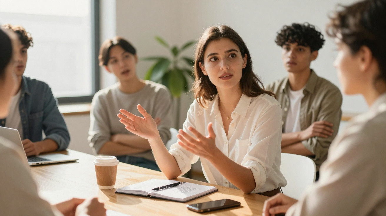 Grupo de jovens em reunião de trabalho, com uma mulher a explicar e gesticular numa sala luminosa.
