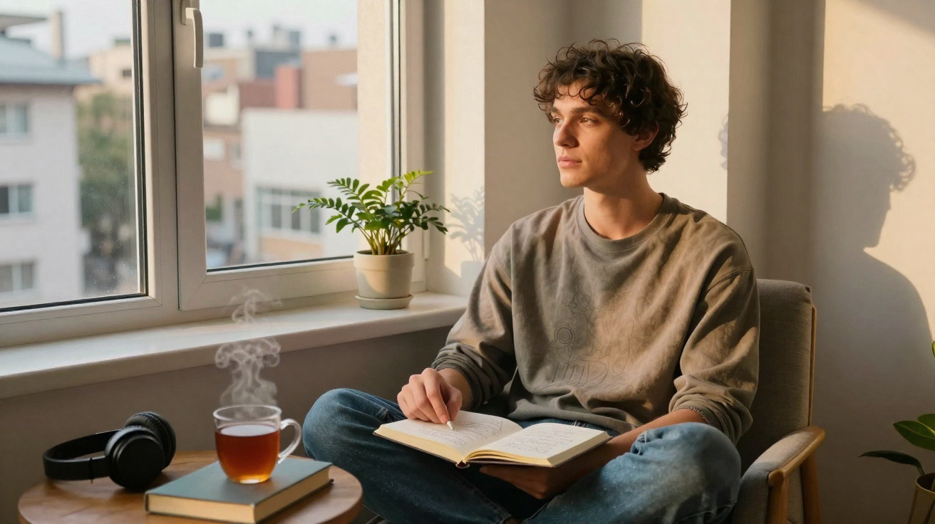 Jovem sentado numa cadeira junto à janela, a ler um livro, com chá quente e auscultadores numa mesa ao lado.