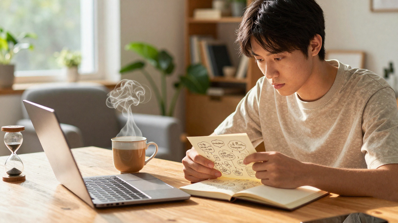 Jovem concentrado a estudar com notebook aberto e chá fumegante na mesa numa sala iluminada.