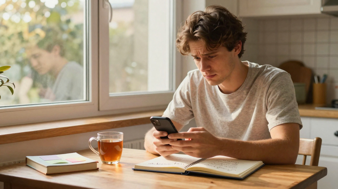 Jovem sentado numa cozinha a olhar para o telemóvel, com caderno aberto, livro e chá na mesa junto à janela.