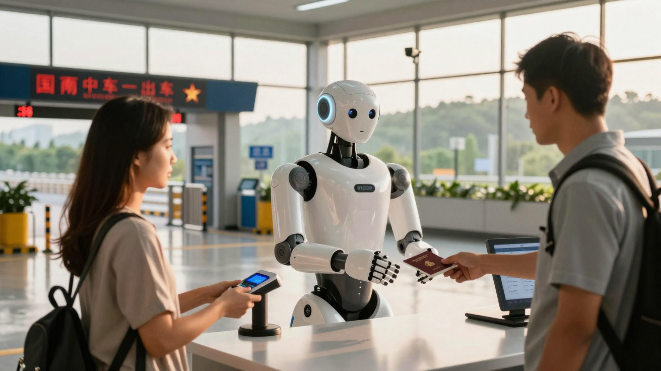 Robô no balcão a verificar passaporte e documento digital de dois passageiros num aeroporto moderno.