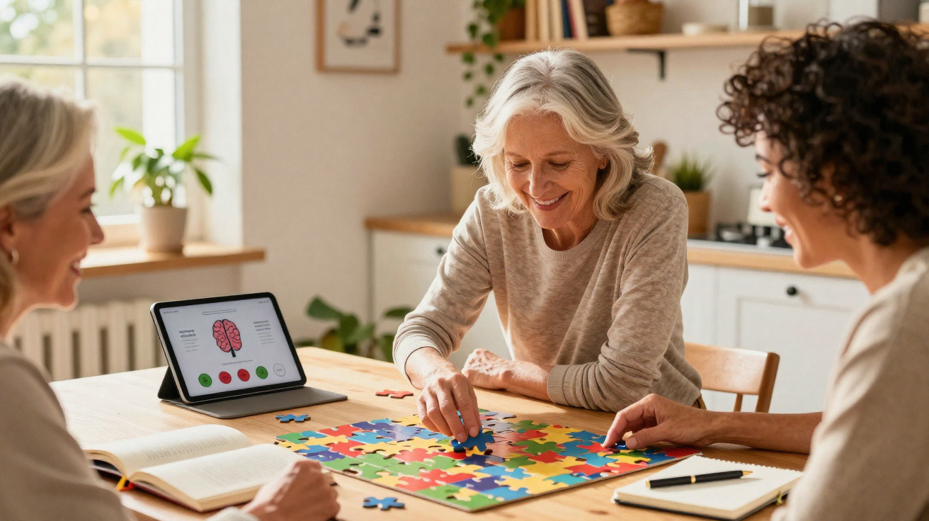 Três mulheres sentadas à mesa montam um puzzle colorido, com tablet ao lado a mostrar cérebro e gráficos.