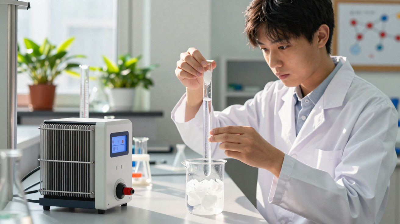 Cientista em laboratório a manusear proveta e béquer com cubos de gelo, rodeado de equipamento científico.