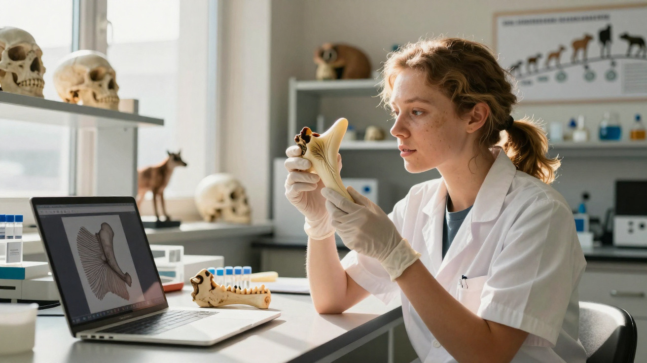 Jovem cientista analisa modelo de mandíbula em laboratório com crânios e computador à sua frente.