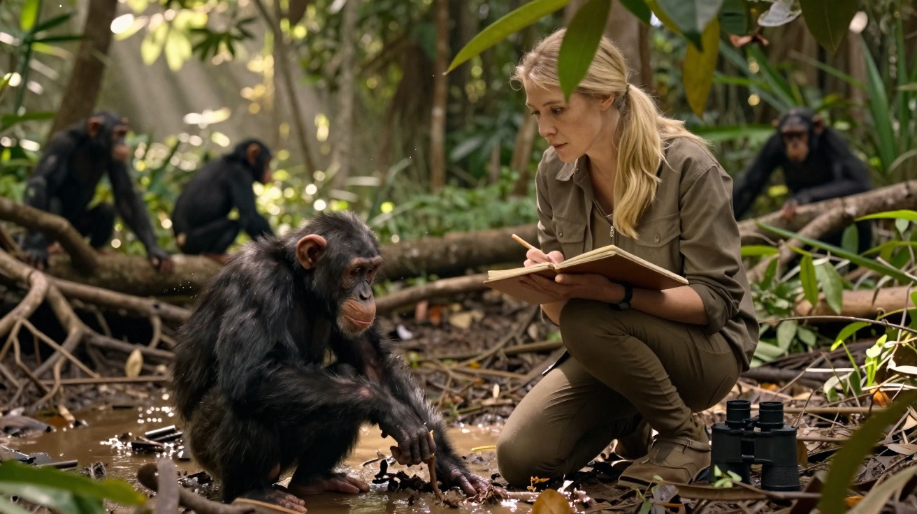Mulher observa e anota comportamento de chimpanzé sentado numa floresta densa com mais chimpanzés ao fundo.