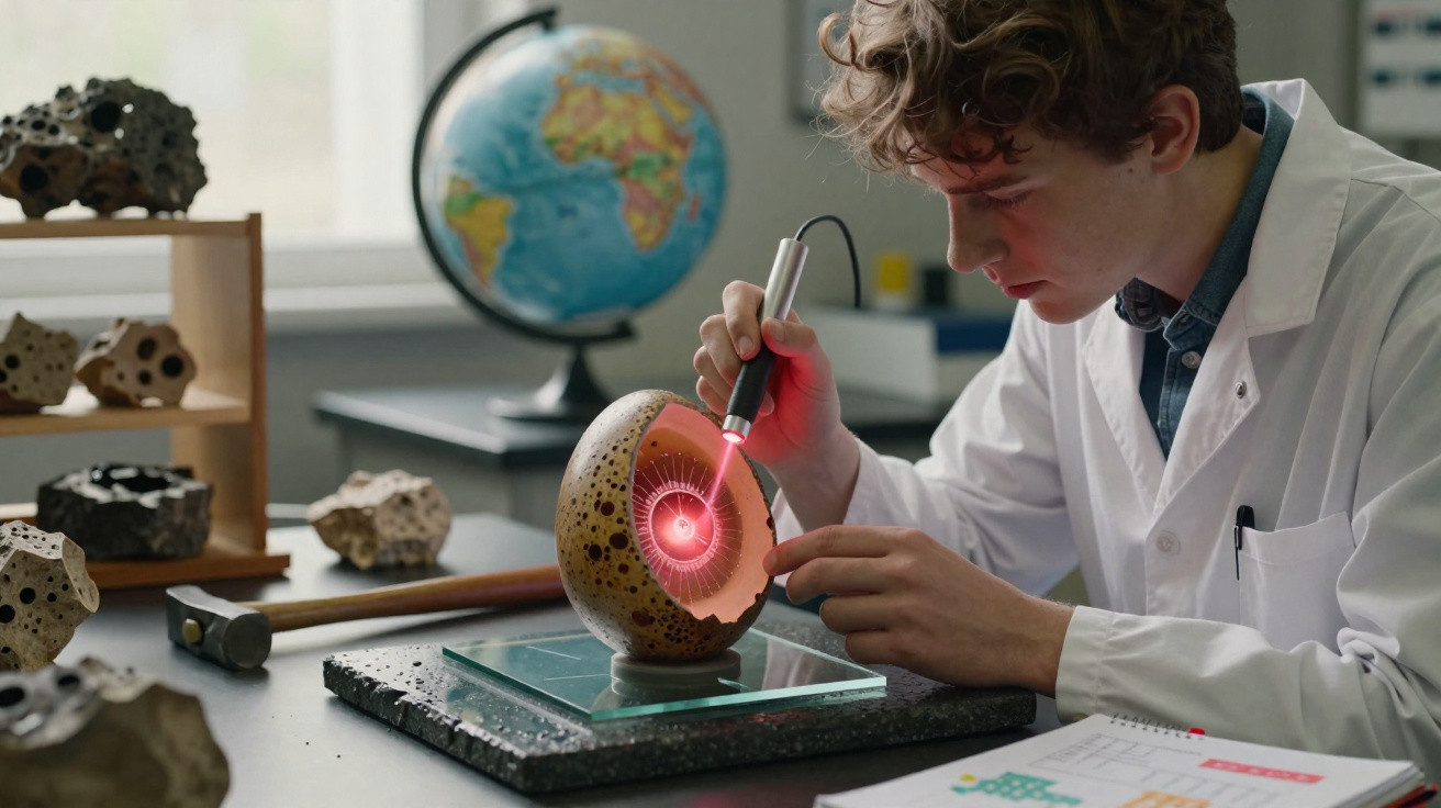 Jovem cientista em laboratório a analisar modelo de meteorito com ferramenta iluminada vermelha.