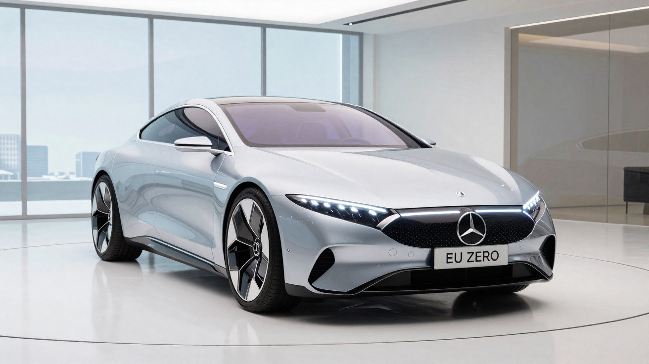 Carro elétrico Mercedes-Benz prateado num espaço interior moderno com janelas grandes.
