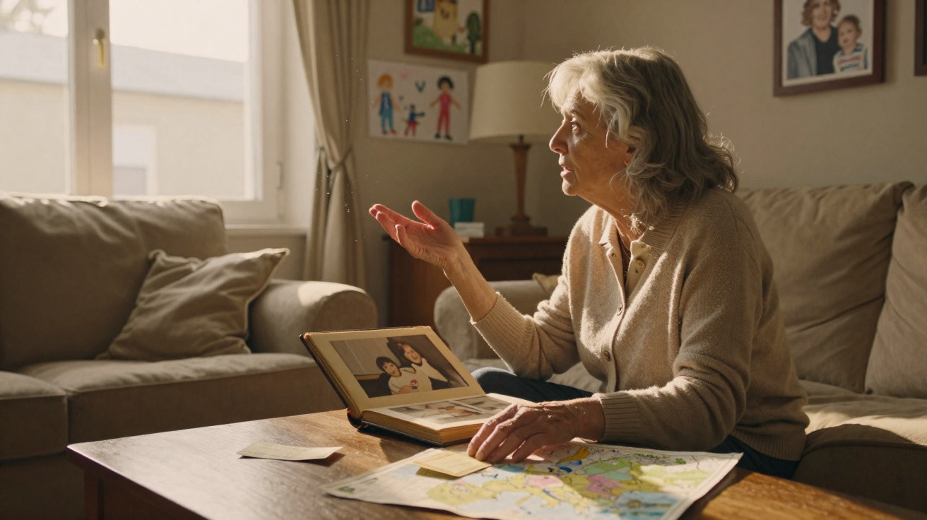 Senhora idosa sentada no sofá a olhar uma fotografia de família e com um mapa sobre a mesa à sua frente.