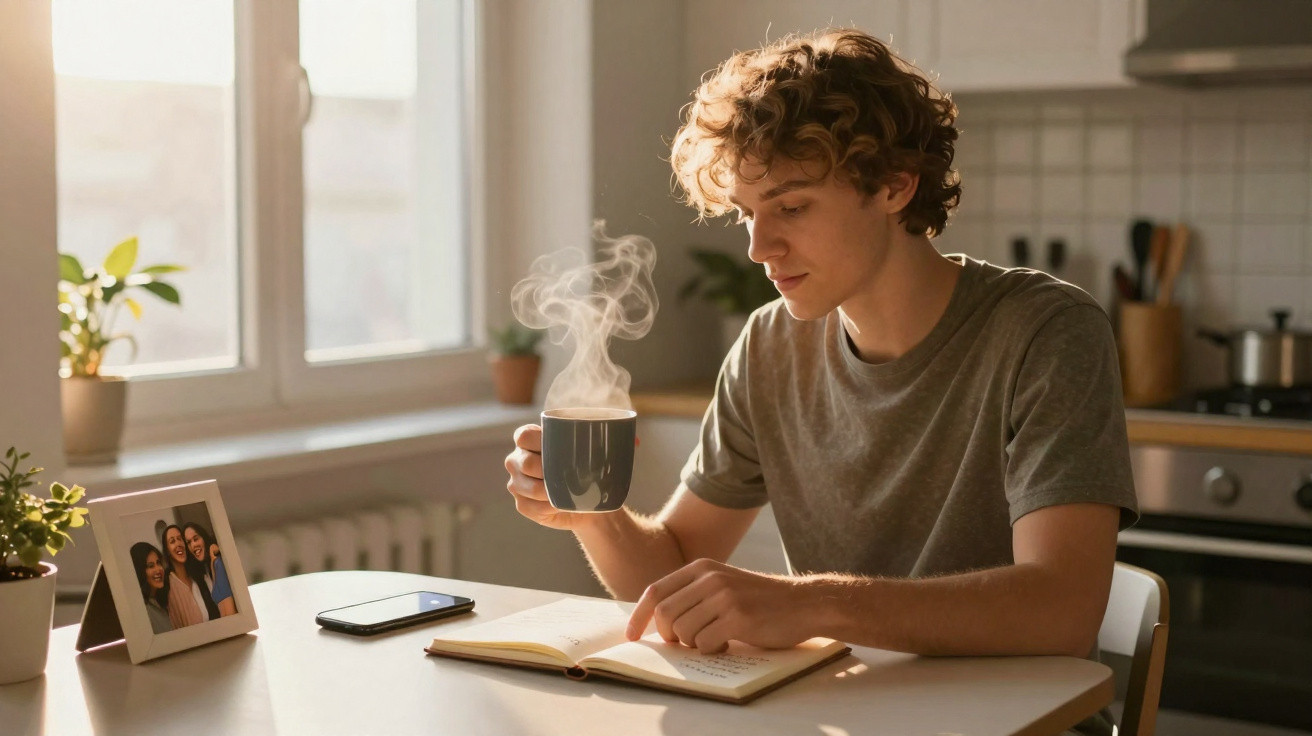 Jovem sentado à mesa a ler um livro e a beber uma bebida quente com vapor numa cozinha iluminada.