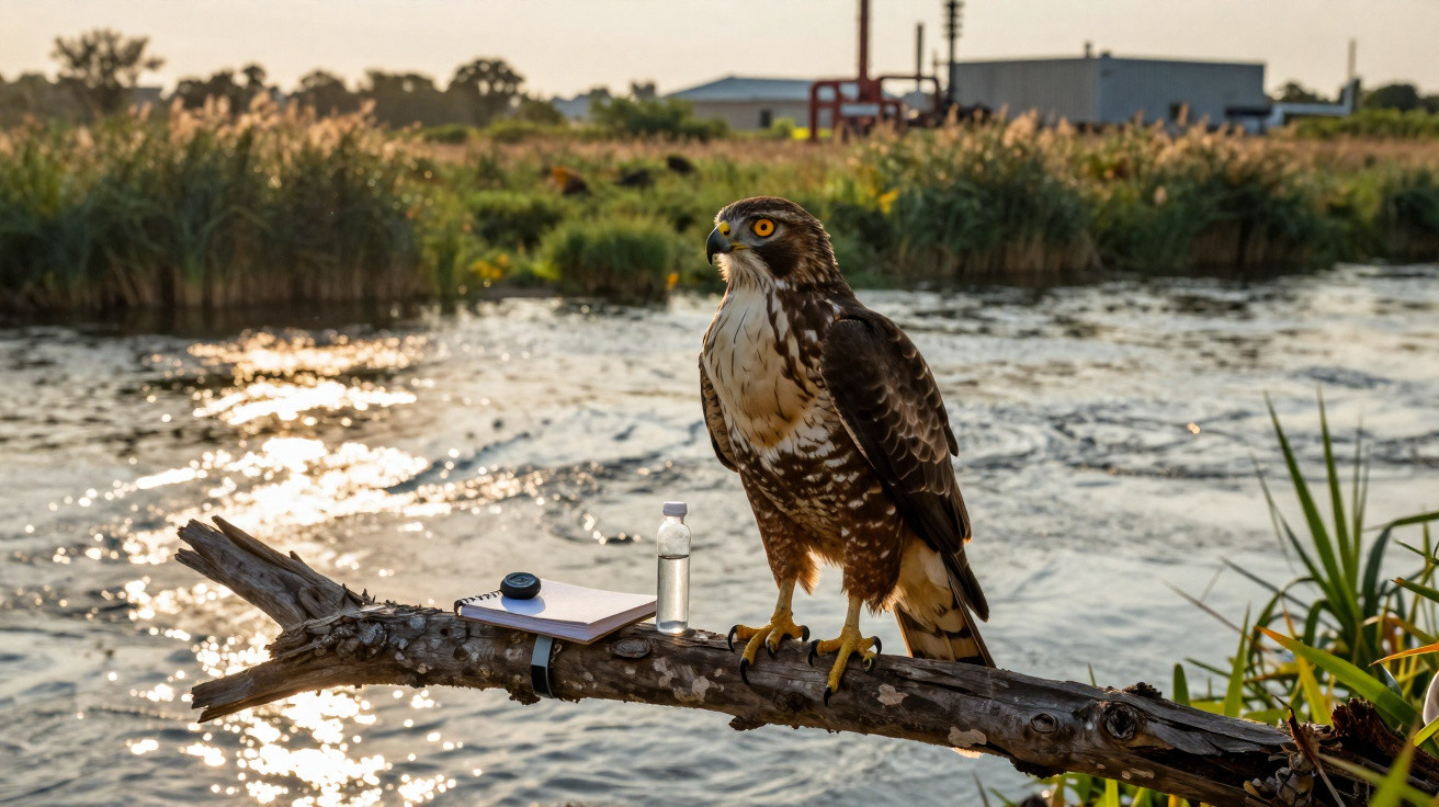 Falcão com olhos laranja pousado num ramo à beira de um rio com luz do sol refletida na água.