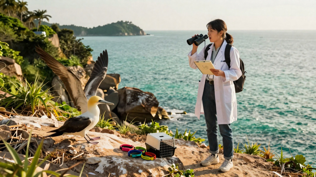Cientista observa aves com binóculos numa falésia junto ao mar, com equipamento e caderno na mão.