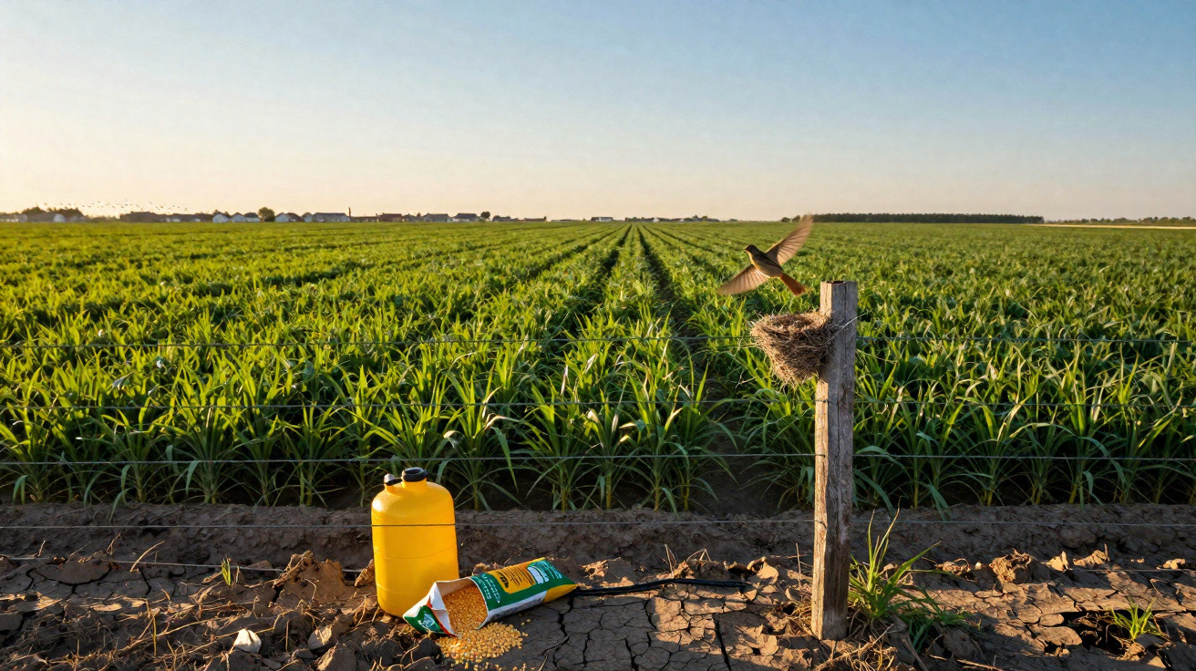 Campo agrícola verde com fileiras de milho, pote amarelo, saco de milho e ninho de pássaro num poste.