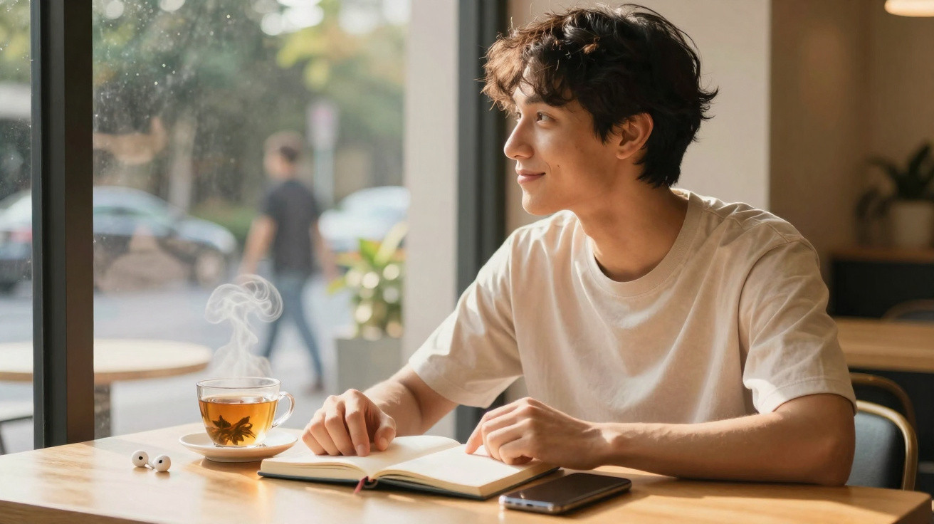 Jovem sentado junto a uma janela numa mesa com chá quente, livro aberto e auriculares sem fios.