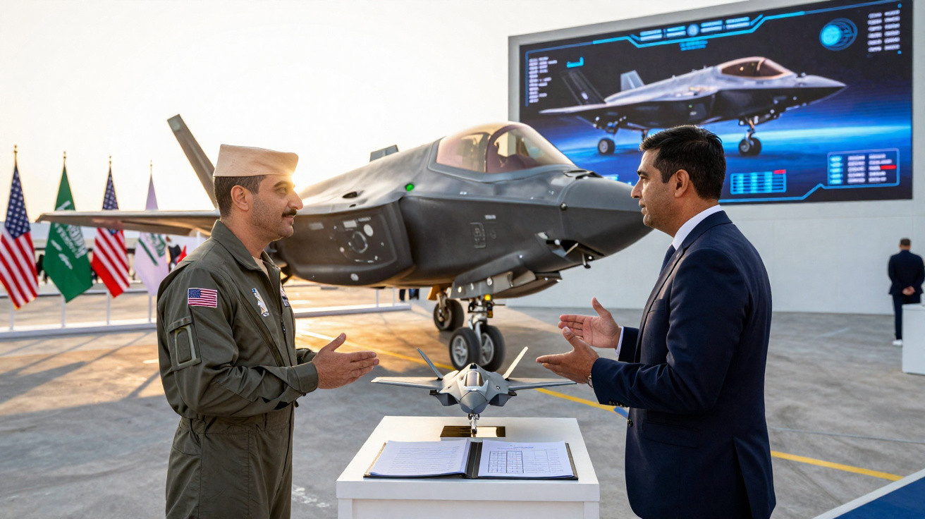Dois homens em conversa junto a um caça F-35 com modelo e ecrã técnico em fundo, bandeiras nacionais ao lado.