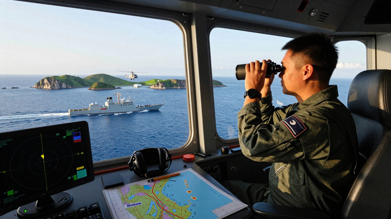 Militar observa com binóculos navio de guerra no mar através da janela de uma embarcação naval.