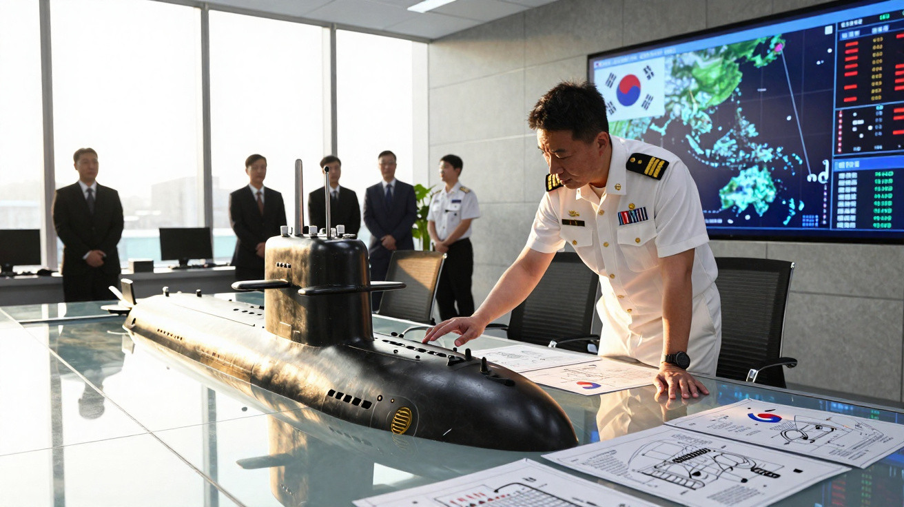 Homem de uniforme naval inspeciona modelo de submarino numa sala de controlo com mapas e oficiais ao fundo.