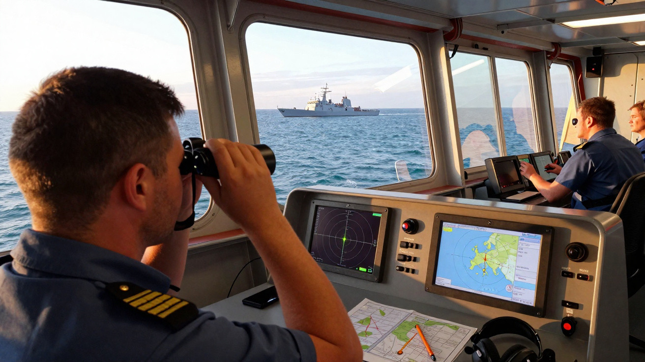 Marinheiro a observar um navio de guerra pelo binóculo na ponte de comando com equipamentos de navegação.