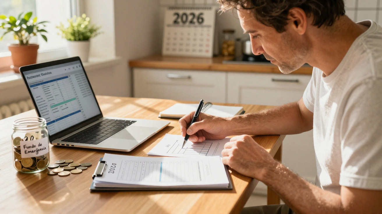 Homem a fazer contas e planeamento financeiro em casa com computador, caderno e frasco de moedas à frente.