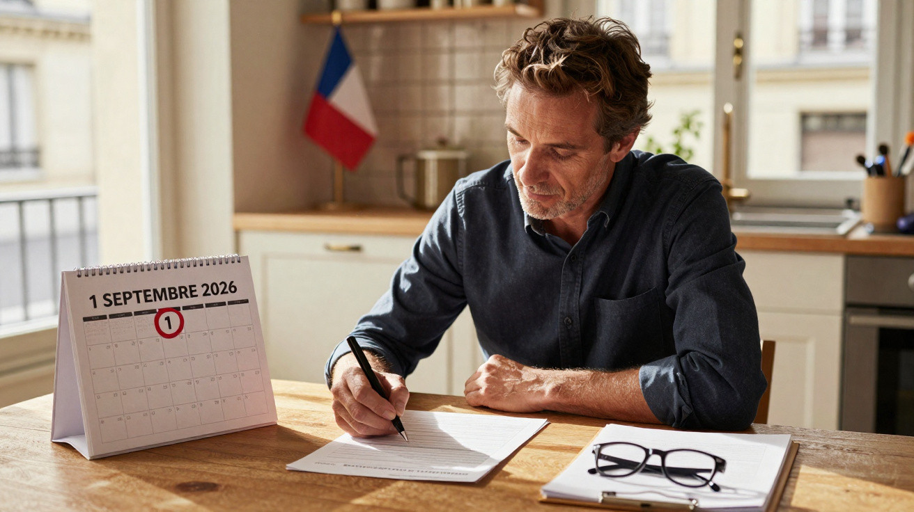 Homem adulto sentado a escrever numa cozinha com calendário marcado para 1 de setembro de 2026.