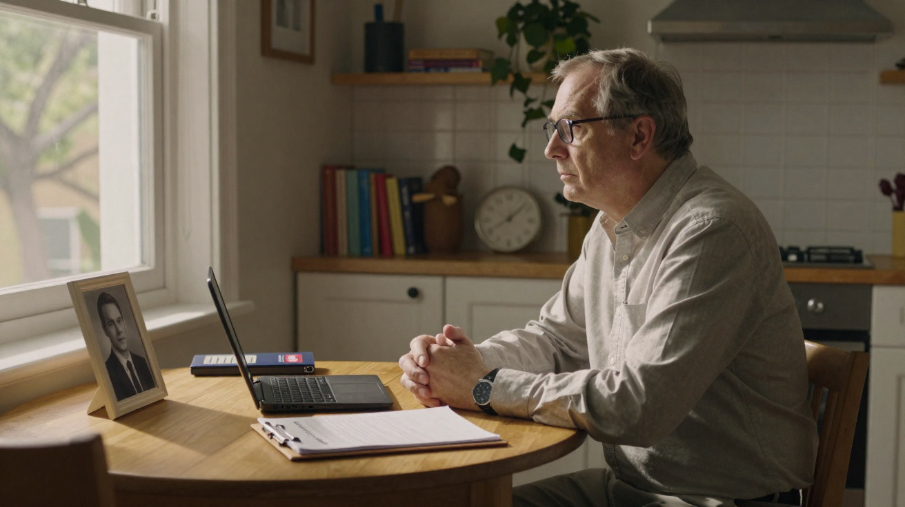 Homem de óculos sentado à mesa, olhando para um computador portátil numa cozinha iluminada pela janela.