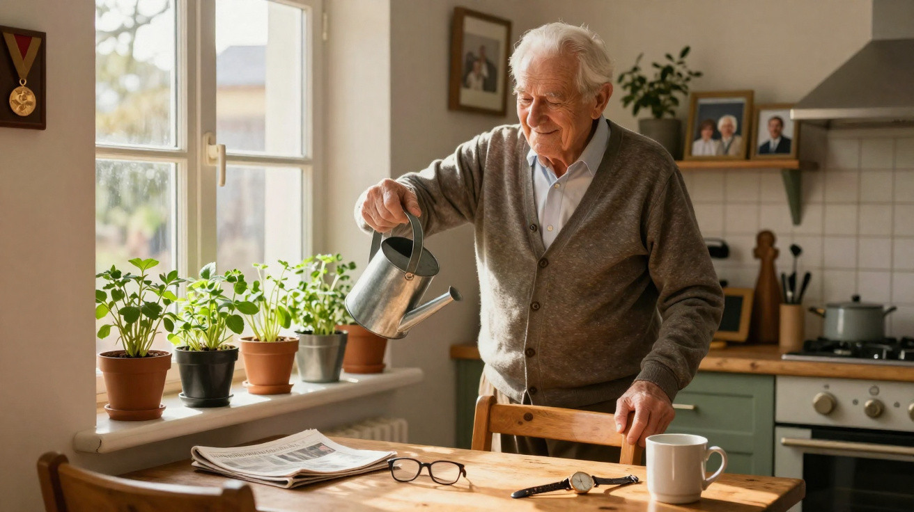 Homem idoso a regar plantas numa cozinha luminosa com jornal e óculos na mesa.