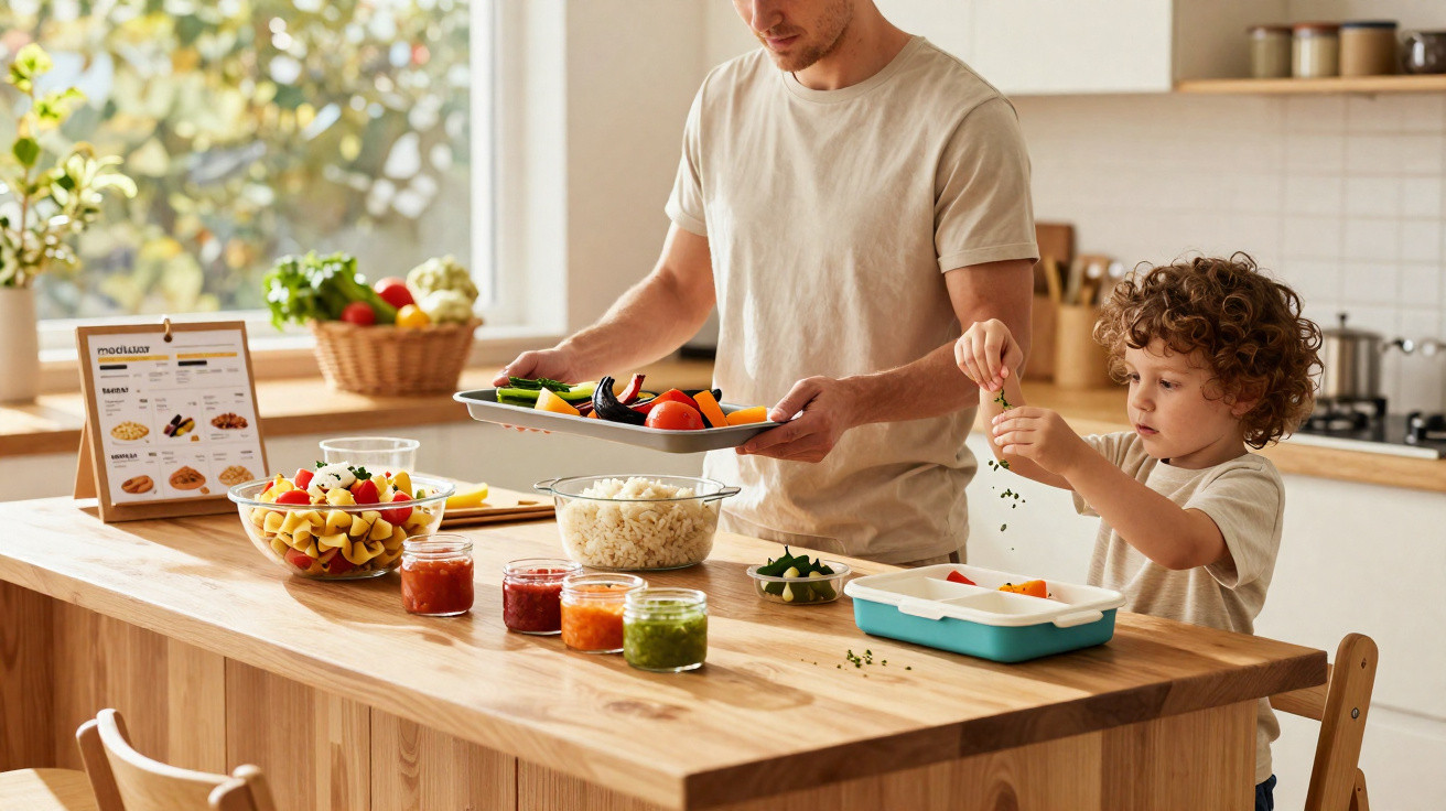 Homem e criança preparam comida saudável numa cozinha iluminada e moderna.