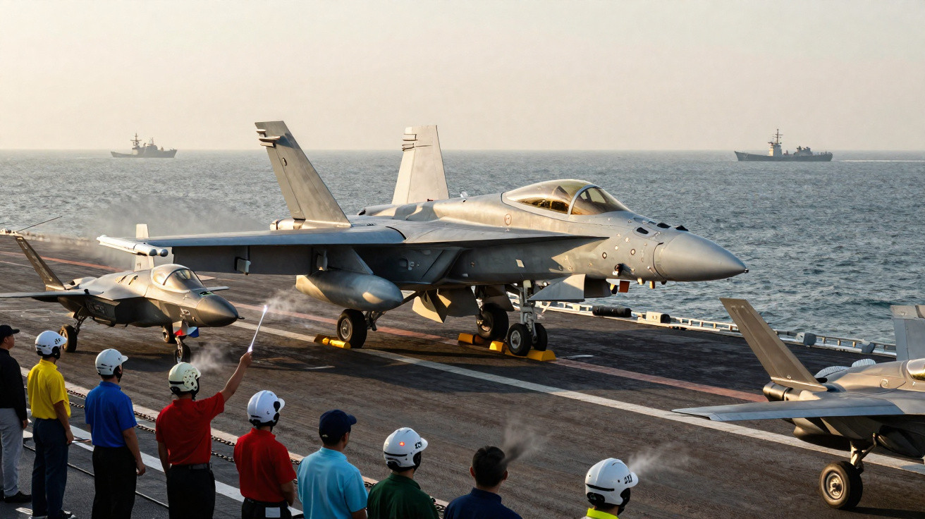 Avião militar a decolar de porta-aviões com tripulação de mergulhadores no convés e navios no mar ao fundo.